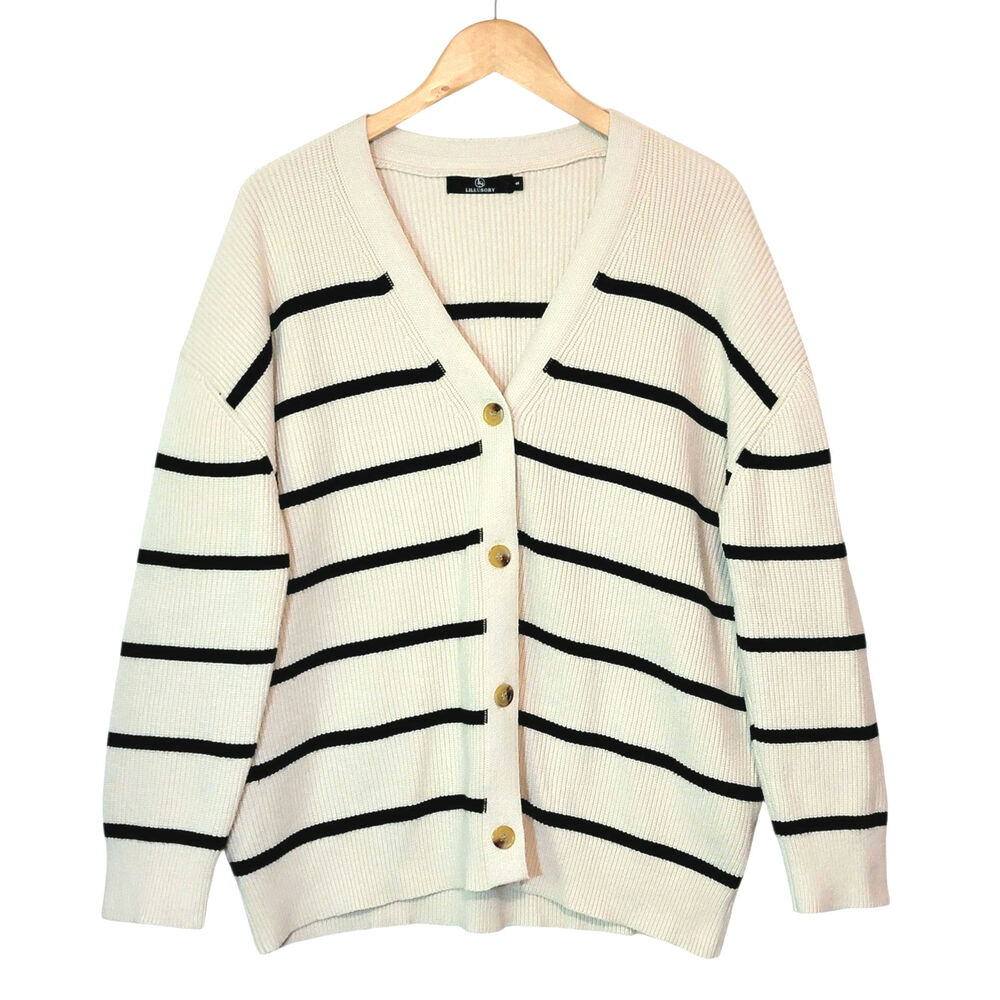 Lillusory Black & Cream Stripe Cardigan Sweater Button Down Relaxed Loose Fit S - Picture 7 of 14